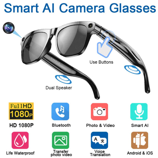 AI Smart Glasses with 100MP Camera Smart AI Glasses Waterproof Bluetooth Call Playing Music Smart Glasses Identify Pictures Use ChatGPT